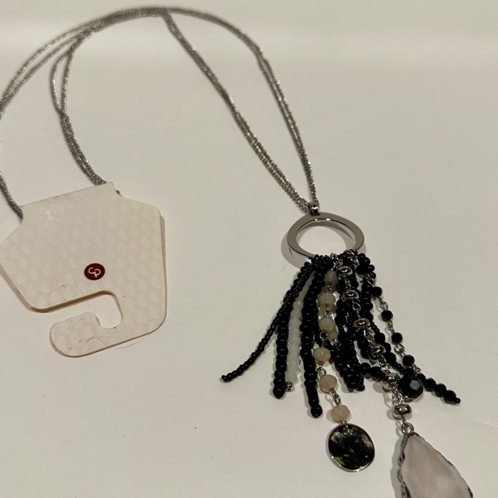 db Long Silver Necklace with Dangling Crystals